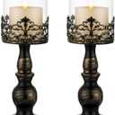 Sziqiqi Vintage Distressed Black Hurricane Candle Holders 2pcs, Versatile Metallic Pedestal Glass Floral Centerpiece Base for Wedding Party Home Decoration Fireplace Mantel Decoration 33cm/13in (L-2pcs)