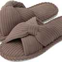 Enteer Women's Corduroy Bow Memory Foam Slippers, Open Toe Cross Band Non-Slip Indoor Outdoor House Slippers