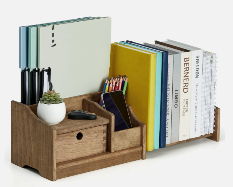 Desktop Adjustable Organizer Storage Book Shelf with Drawer Wooden Desk 