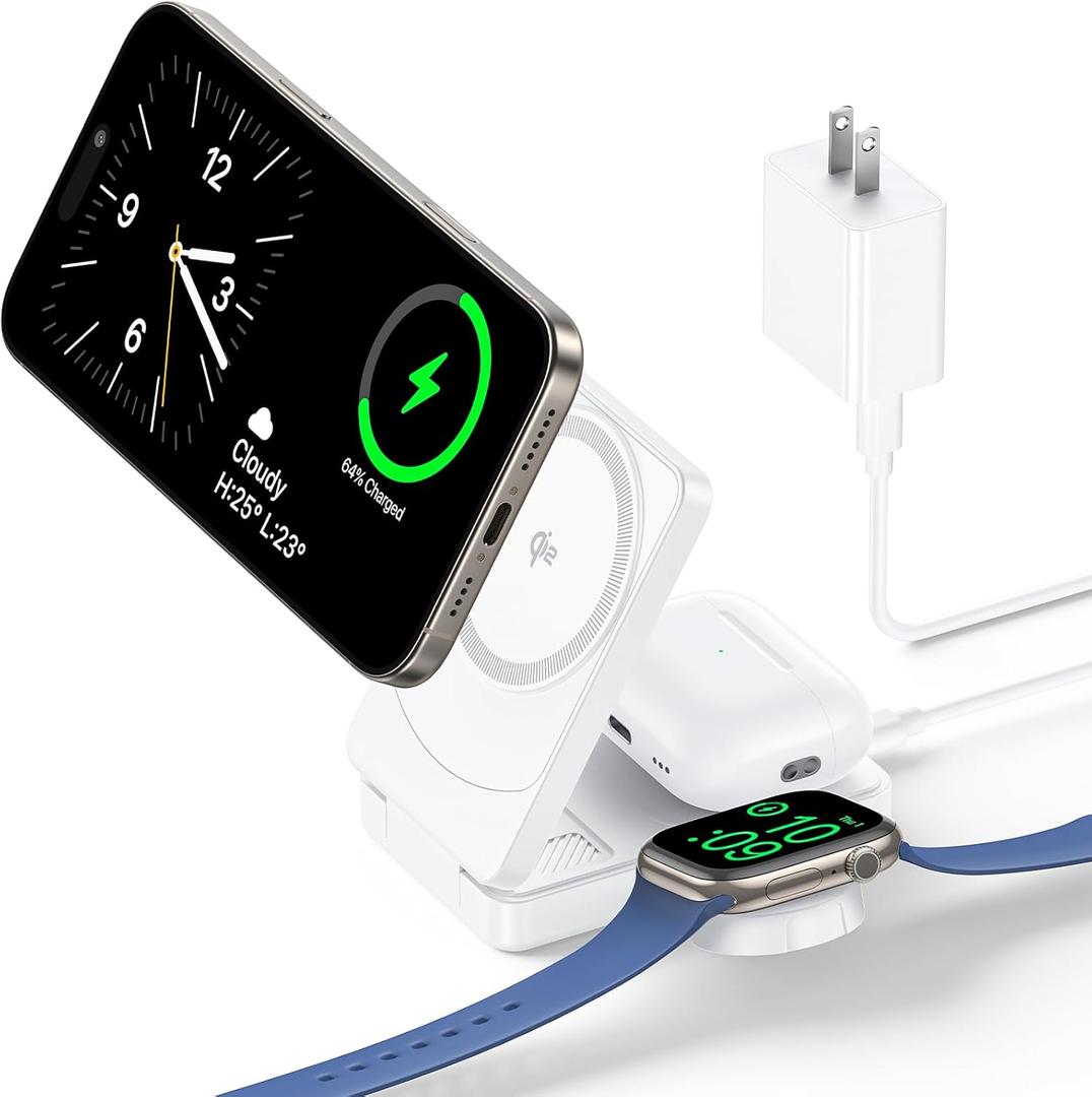 Qi2 Certified 3 in 1 Foldable Wireless Charger, Compatible with MagSafe Charging Station, 15W Fast Charger Stand for iPhone 17 16 15 14 13 12 Series, Apple Watch, AirPods with 30W Adapter