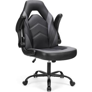 Sweetcrispy Computer Gaming Desk Chair - Ergonomic PU Leather with Comfy Lumbar Support, Height Adjustable Rolling Desk with Flip-up Armrests, for Home and Office (Grey)