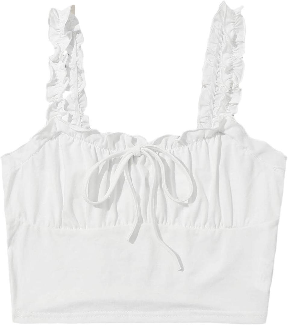 Verdusa Women's Frill Trim Strap Tie Knot Ruched Front Bustier Crop Top (White, M)