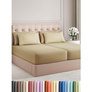 Split King 7 Piece Sheet Set - Comfy Breathable & Cooling - Ultra-Soft Hotel Luxury Bedding Set w/ 8-16 Inch Deep Pockets - 1 Flat & 2 Fitted Sheet & 4 Pillowcases - Wrinkle Free & Easy Care - Beige