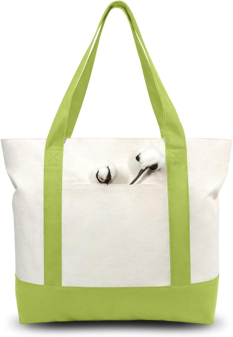 TOPDesign 3-Pack Canvas Tote Bags with an External Pocket, Reusable Grocery Shopping Bags, Top Zipper Closure, Daily Essentials (Light Green/Natural)