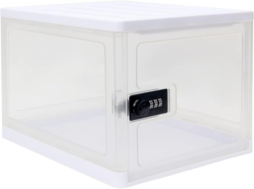 Large Lockable Clear Storage Box for Food, Tech and Home Safety, Medicine Lock Box for Safe Medication, Lockable Storage Bin, Refrigerator Storage Bins, Tablet Phone Jail (Clear)