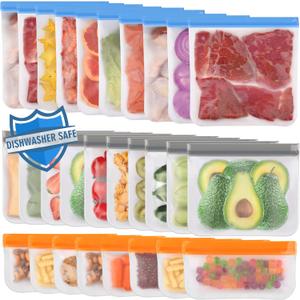 Lerine 28 Pack Dishwasher Safe Reusable Freezer Bags Silicone, Extra Thick Leakproof Reusable Food Storage Bags, BPA Free Kitchen Storage for Veggies Food Travel - 10 Gallon 10 Sandwich 8 Snack (Multicolor)