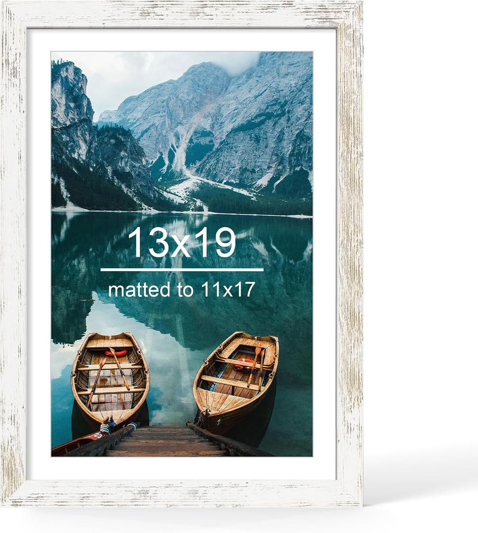 Hongkee 13x19 Picture Frame, Distressed White Wood Style - Display Posters 11 x 17 with Mat or 13x19 without Mat, Wall Mounting Horizontal and Vertical, 1 Pack