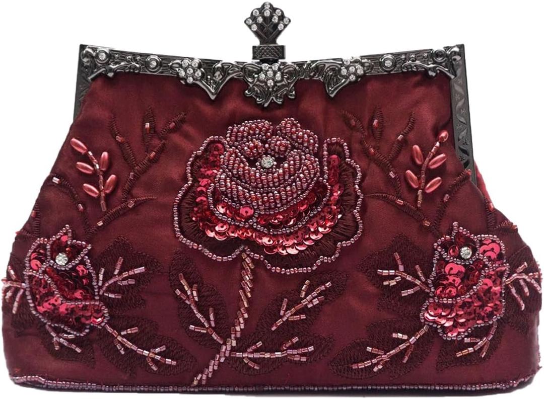 Vintage 1920s Beaded Evening Bag Pearl Clutch Bag for Women Sequin Handbag Bridal Wedding Purse Floral Shoulder Bag (Wine Red)