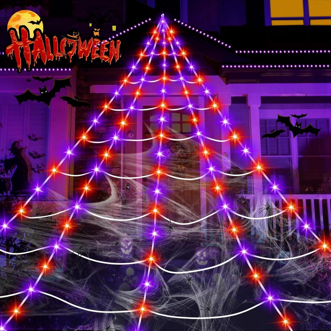 Halloween Decorations Outdoor, 250LED 23x18 FT Giant Spider Web with Purple Orange Lights, Lighted Triangular White Spider Web with Sturdy Wire, Waterproof, Timer, 8 Modes for Yard Halloween Dcor