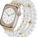 V-MORO Compatible with Apple Watch Band Pearl Series 11/10/9/8/7 42mm 41mm 40mm 38mm Women Fashion Handmade Beaded Elastic Strap Dressy Stretch Bracelet for iwatch SE Series 6/5/4/3/2/1-White/Gold