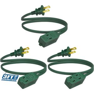 DEWENWILS 3-Pack 3 Ft Extension Cord, 16 AWG with Multiple Outlets, 2 Prong for Home Office Garage, Rotate-to-Lock Safety Cover, ETL Listed, Green