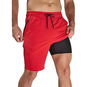Arcweg Men's Swim Trunks with Compression Liner Red Quick Dry Bathing Suit Board Swimming Shorts Medium with Zipper Pockets, Small, Red