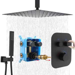 (Upgraded) Thermostatic Matte Black Shower System, 16 Inch Luxury Rain Mixer Shower Combo Set with Handheld and Temperature Control Valve Kit for Bathroom (All Functions Can Run Simultaneously)