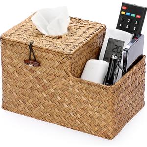 Sumnacon Square Woven Tissue Box Cover - Decorative Cube Tissue Box with Side Organizer, Rustic Seagrass Tissue Holder for Living Room Vanity Night Stand Table Countertop Office,Caramel