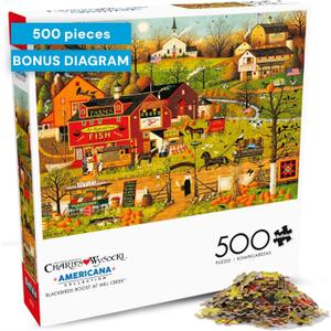 Buffalo Games - Blackbirds Roost at Mill Creek - Charles Wysocki - 500 Piece Autumn Jigsaw Puzzle for Adults - Fall Harvest Americana Scene - Cozy Puzzle for Game Nights