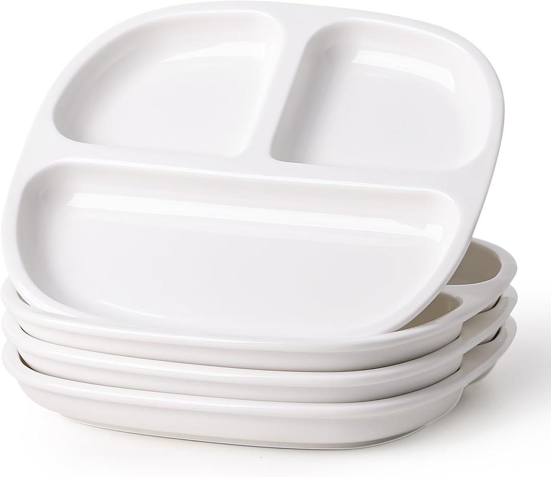 8.58" Square Ceramic Divided Plates - 4 Pack, Portion Control Plate for Rational Eating, White Dinner Plates, 3 Compartment Dinner Diet Plates for Kids Adults, Microwave, Dishwasher Safe