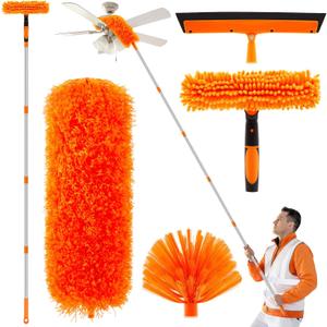 30 Feet High Reach Duster Kit with 2-24 ft Extension Pole High Ceiling Dusting and Window Cleaning Kit with Window Washer & Squeegee, Cobweb Duster, Washable Head for Ceiling Fan(Orange)