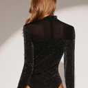 WDIRARA Women's Square Neck Mesh Long Sleeve Elegant Simple Fitted Top Bodysuit (Black, XS)