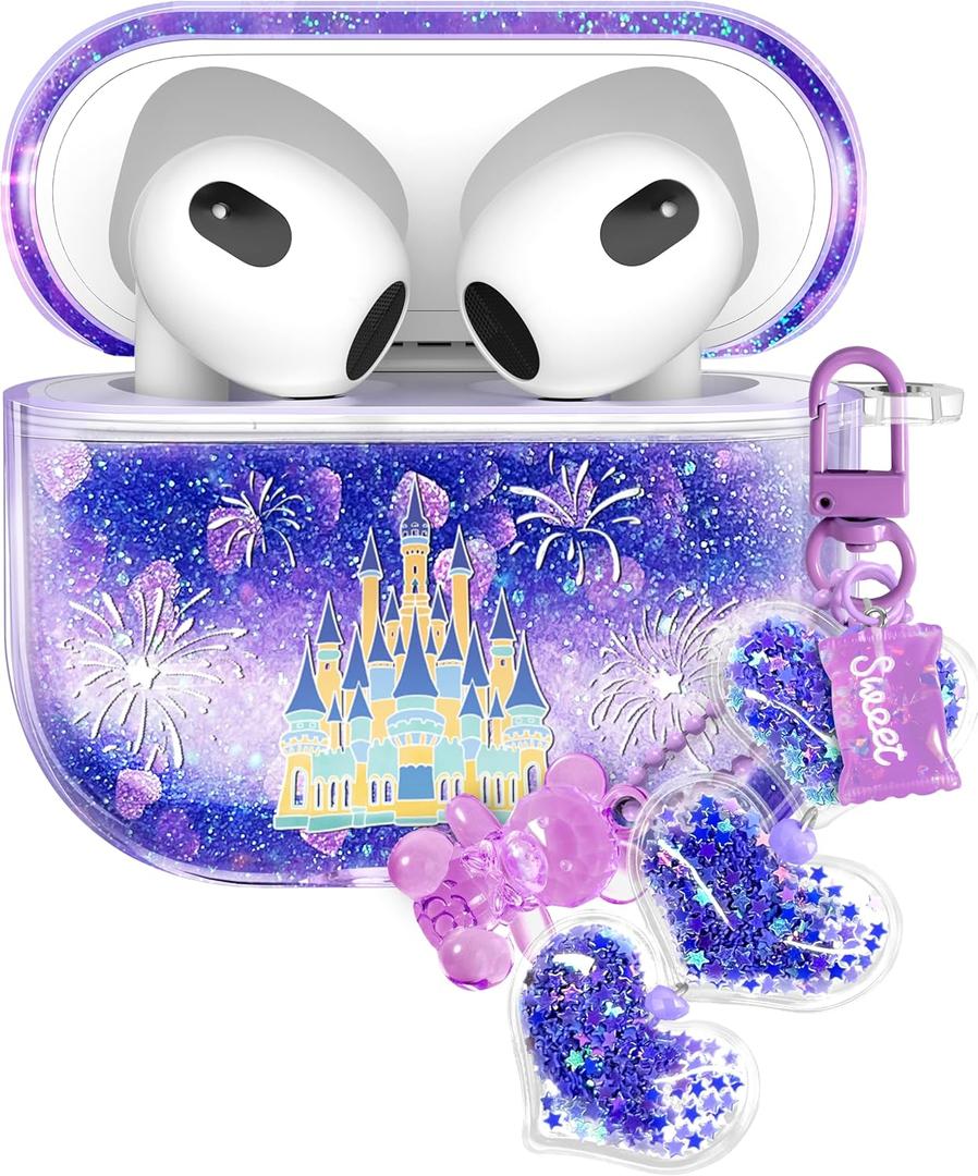 for Airpods 3rd Generation Case - Quicksand Liquid Cute Kawaii Mujer Girl Women Aesthetic Cover Sparkling Sparkle Glitter Bling Purple Castle Keychain Girly for Airpods 3 Case