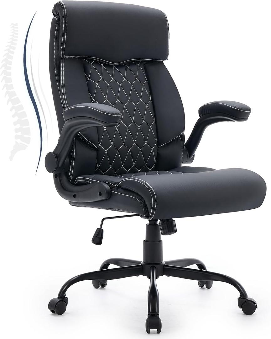 High Back Ergonomic Executive Office Chair with Flip-Up Armrest | Faux Leather, 360 Swivel, Height Adjustable, 90 Flip-Up Armrests Desk Chair, Black