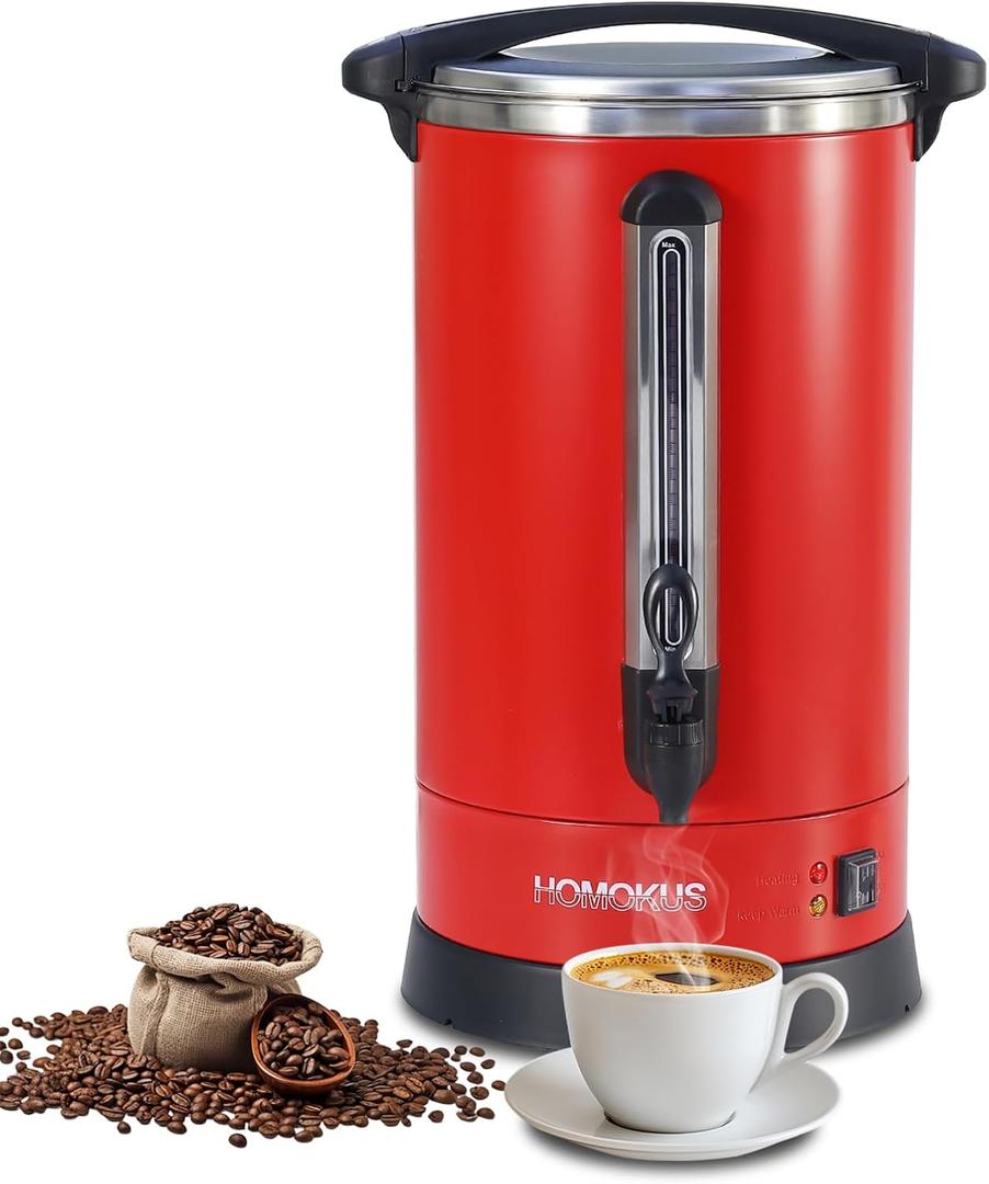 HOMOKUS Commercial Coffee Urn,120 Cup Commercial Coffee Maker,18L Double Wall Stainless Steel Large Hot Coffee Dispenser Hot Water Urn,1500W Quick Brew Electric Coffee Percolator (Red)