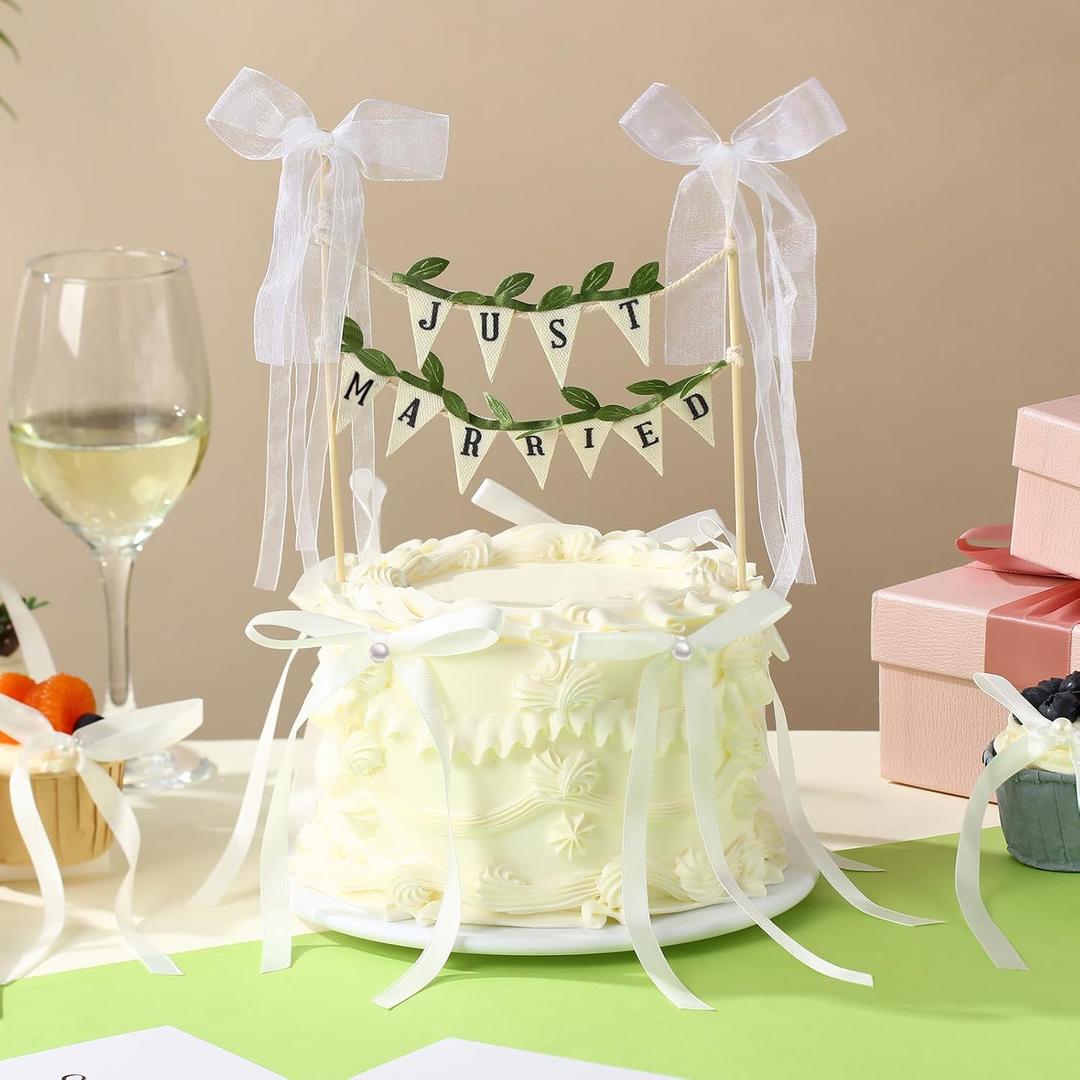 3 x Honeydak 11 Pcs Wedding Cake Topper, Vintage Affair Rustic Just Married Bunting with Pearl Bow Cake Decor or Cheese Bunting, Handmade Pennant Flags with Wood Pole Ivory(Leaves,White)