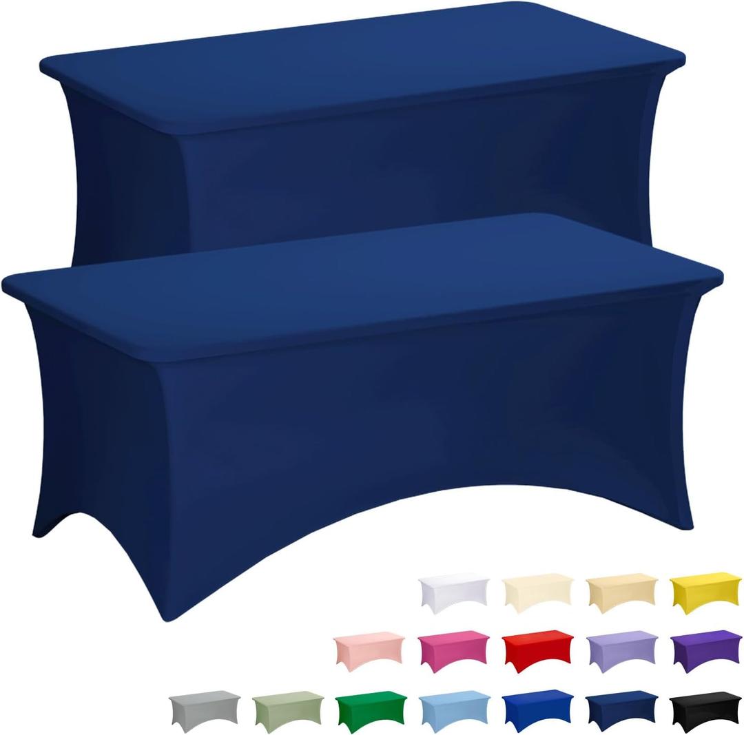 Fixwal Navy Blue Stretch Table Cloth Rectangle 2 Pack 6Ft, Spandex Fitted Table Covers Washable for Party, Trade Show, Banquet, Wedding, Buffet