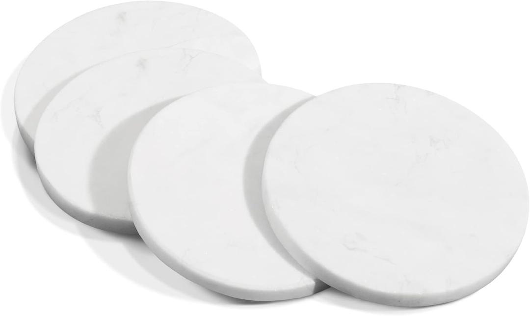 Mela Artisans White Marble Coasters Set of 4 Round Stone Coasters for Drinks Elegant White Coffee Table Decor Handcrafted Natural Marble Cup Mat for Wine, Water & Beer