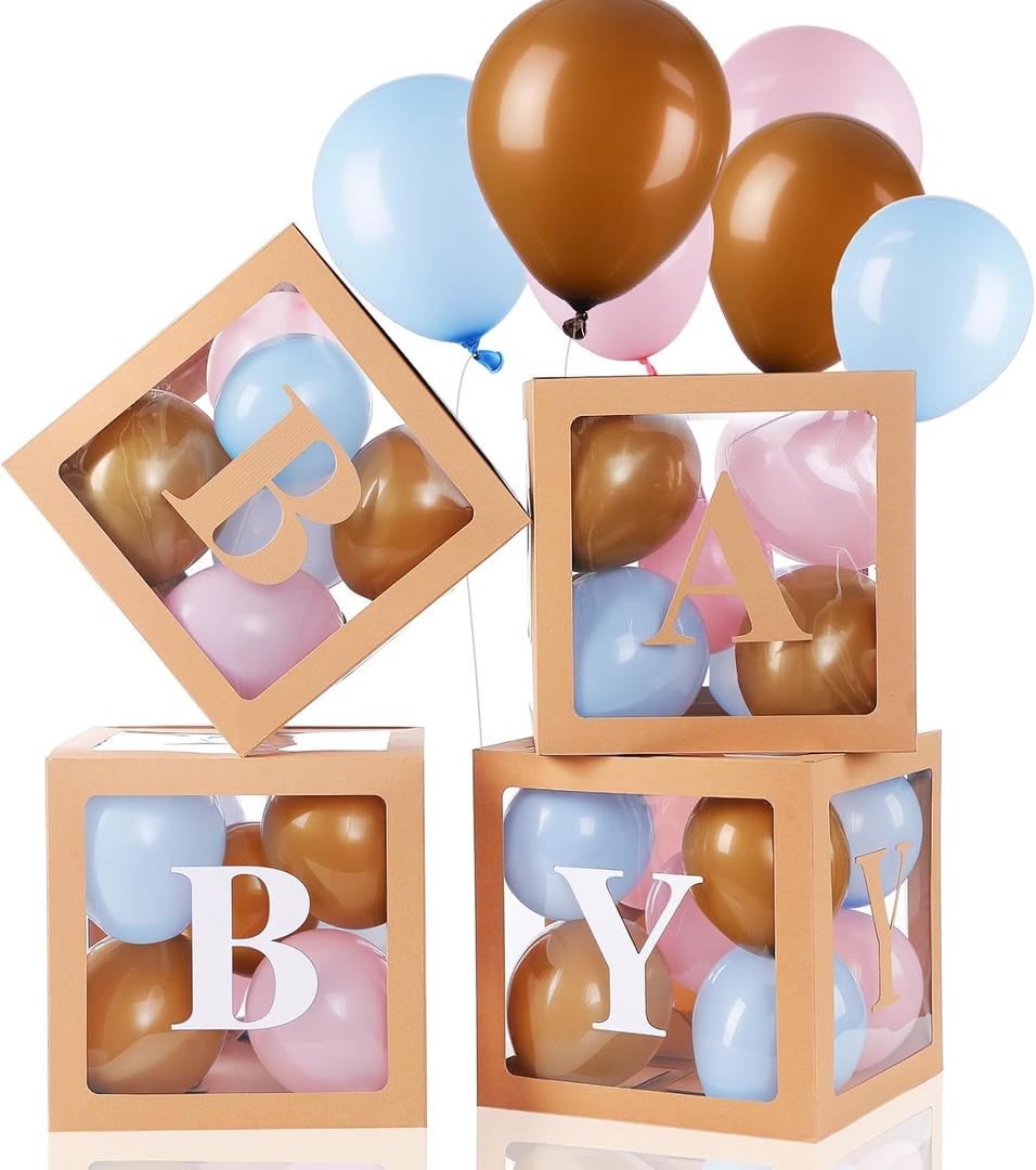 Zhanmai Baby Boxes for Bear Baby Shower Decoration with 4 Letters 36 Balloons 4pcs Transparent Clear Balloon Box Blocks for Boy Girl Balloon Boxes Gender Reveal Party Favors(Khaki,Blue, Pink)