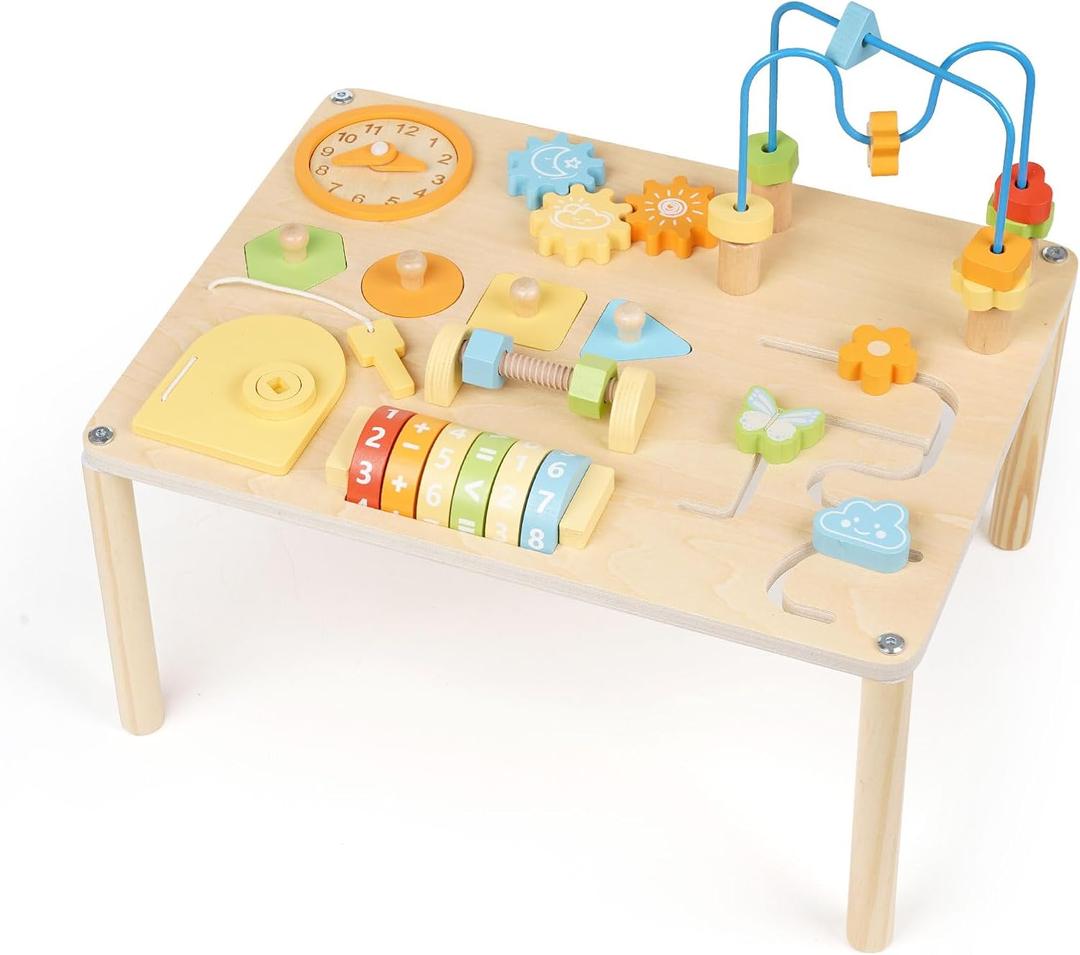 Wooden Activity Table for Toddlers  8-in-1 Multi-Color Montessori Activity Center&Baby Activity Cube with Bead Maze, Shape Sorter, Gears, Math & Clock Toys,Educational Gift for 1 Year Old Boys Girls