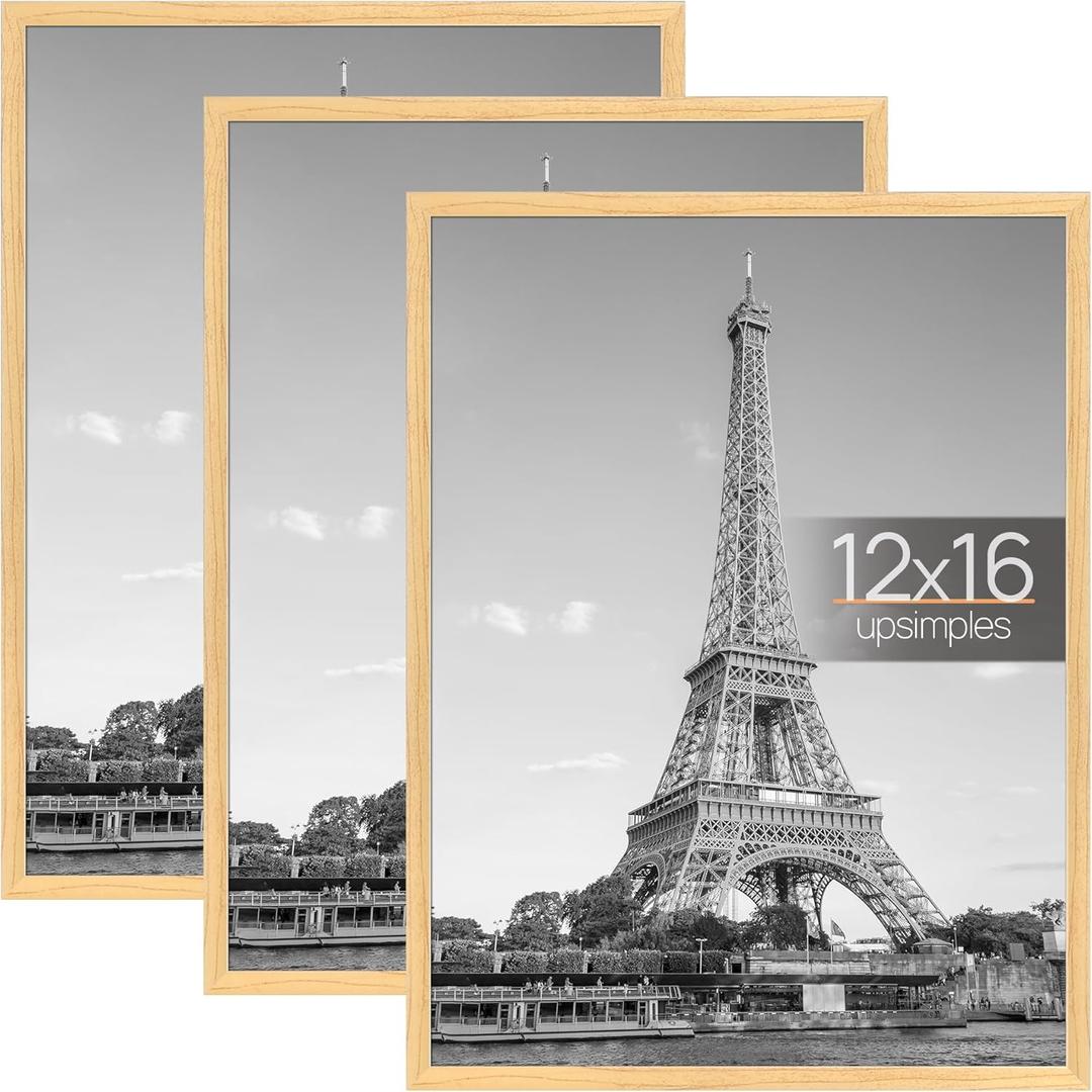 3 x upsimples 12x16 Picture Frame Natural 3 Pack, Scratch-Proof Poster Frames 12 x 16 for Photo Gallery - Slide-In Strips, Horizontal or Vertical Wall Mounting