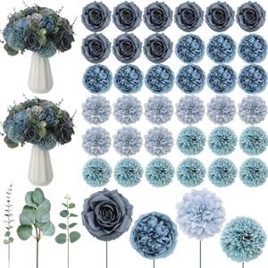 Suncalla 98 Pcs Artificial Flowers Bouquet Assorted Faux Flowers Heads with Stem Eucalyptus Leaves Silk Floral Table Centerpiece for DIY Wedding Party Wreath Home Decor(Dusty Blue)