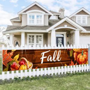 Fall Banner 118 x 20 inchs Autumn Thanksgiving Outdoor Decoration Garden Fence Banner Fall Thanksgiving Leaves Pumpkin Yard Lawn Porch Hanging Decor
