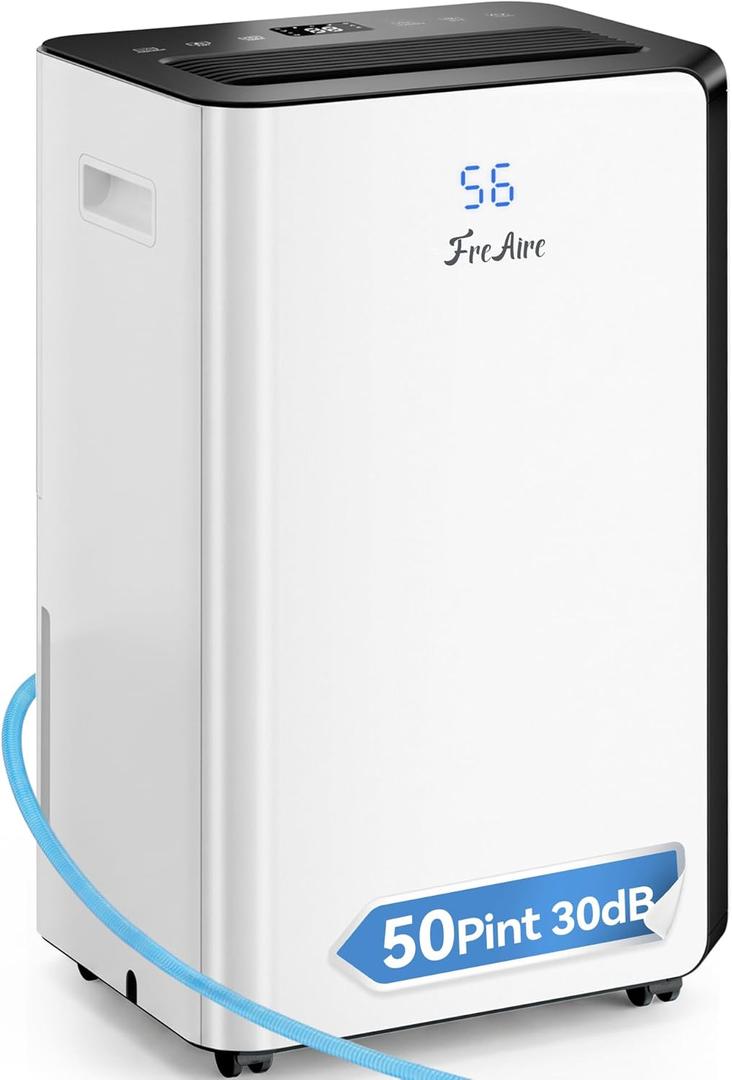 FreAire 54Pint Dehumidifier for 4500Sq.Ft, Compressor Dehumidifiers for Home, Front Humidity Value Display&Quiet Dehumidifier for Basement, Bedroom, Bathroom, with Drain Hose, 1.13 Gallon Water Tank