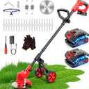 Cordless Weed Wacker with Wheels, 650W Electric Weed Trimmer, 2x2.0Ah 21V Battery Powered, 3 Types Blades Weed Eater Brush Cutter, String Trimmer Lawn Mower Edger Tool for Garden Yard