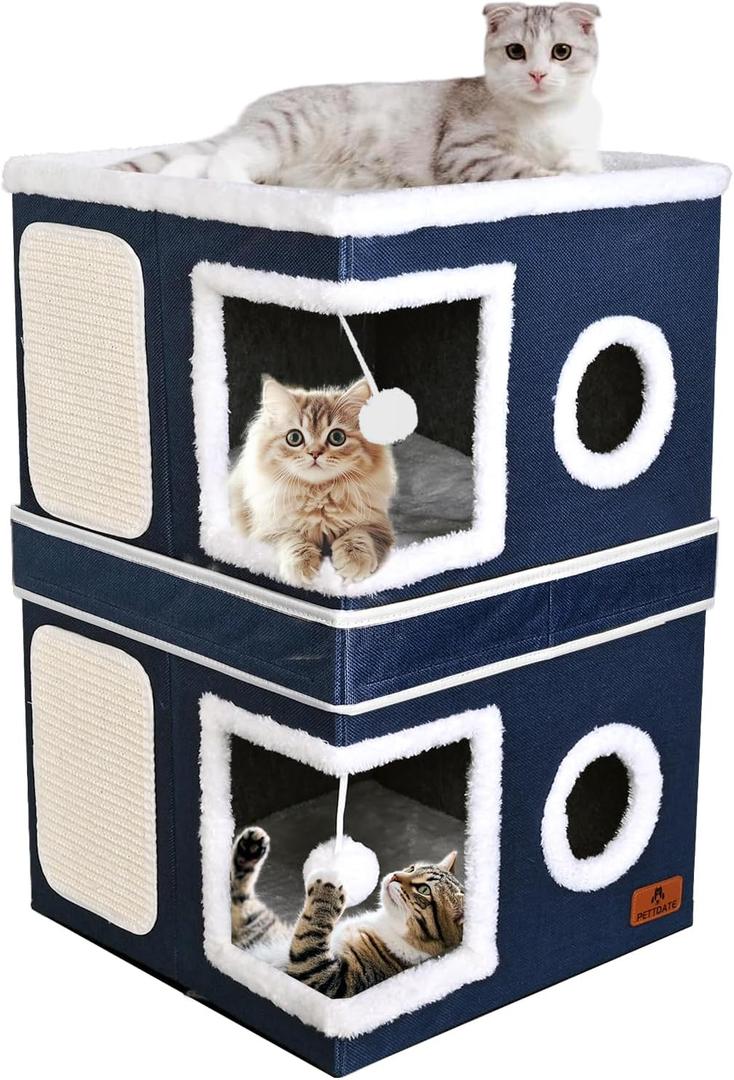 2-Story Cat House for Indoor Cats, Dual-Purpose Cat Cave Bed with Scratch Pad and Fluffy Ball, Foldable Cat Hideaway, Cute Cat Condo Furniture for Multi Small Pet Kitten, Blue (Double)