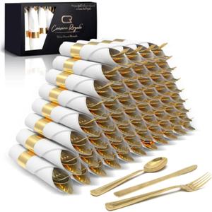 Prestee 200 Piece Gold Plastic Silverware Set for 50 Guests - Premium Pre Rolled Cutlery Set with Napkins - Elegant Disposable Silverware with Forks, Knives, and Spoons for Weddings and Thanksgiving