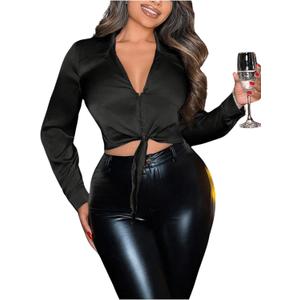 SOLY HUX Women's Satin Crop Blouse Collared V Neck Long Sleeve Shirts Sexy Cropped Tops (Medium, Plain Black)