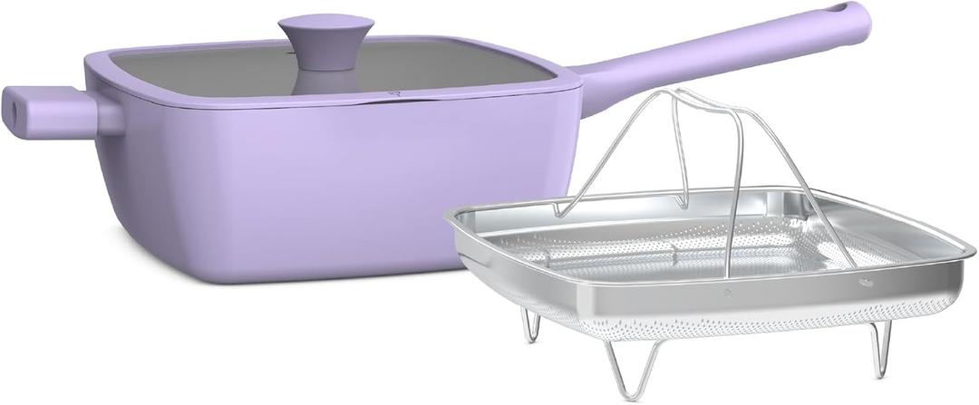 So Yummy by bella 3 Piece Square Pan Set, Aluminum Cookware Set w EverGood Ceramic Nonstick Coating, Dishwasher Safe Silicone & Glass Lids, Oven Safe & All Stovetop Compatible, 4.5Qt, Lavender