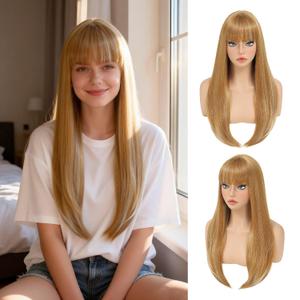 Honey Blonde Wig with Bangs for Women Long Straight Wig for Grils Heat Resistant Synthetic Wig Blonde Hair Wigs for Daily Party Halloween Cosplay Wig 24inch