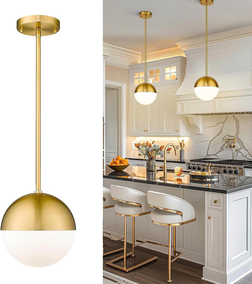 LMS Modern Pendant Lighting Gold Globe Pendant Light Fixture, Mid Century Chandelier One Light Hanging Fixture for Kitchen Island, Adjustable Indoor Lighting for Dinning Room Bedroom, LMS-187, 8" White Glass, 1 Pack