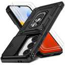 HakkTaoo Case for Samsung Galaxy A16 5G with Slide Camera Cover+Screen Protector(2 Packs), Military Grade Shockproof Protective Cover, Rotated Ring Kickstand(B - Black)