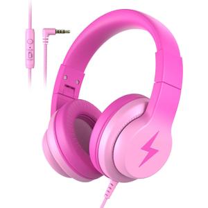Candy Bila Kids Headphones, Wired Headphones for Kids Over Ear with Microphone, 85/94dB Volume Limiter Headphone for Girls Boys, Foldable Headphone for Learning & Entertainment, Gradient Deep Pink
