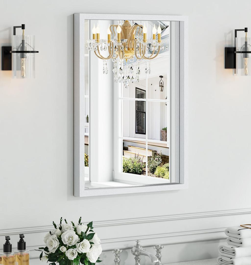 Syndra White Wood Frame Bathroom Mirror, 22''x30'' Modern Vanity Mirror for Wall, Waterproof Slim Deep Frame, Rectangular HD Tempered Glass Mirror for Living Room, Bedroom, Entryway, Rustic, Farmhouse
