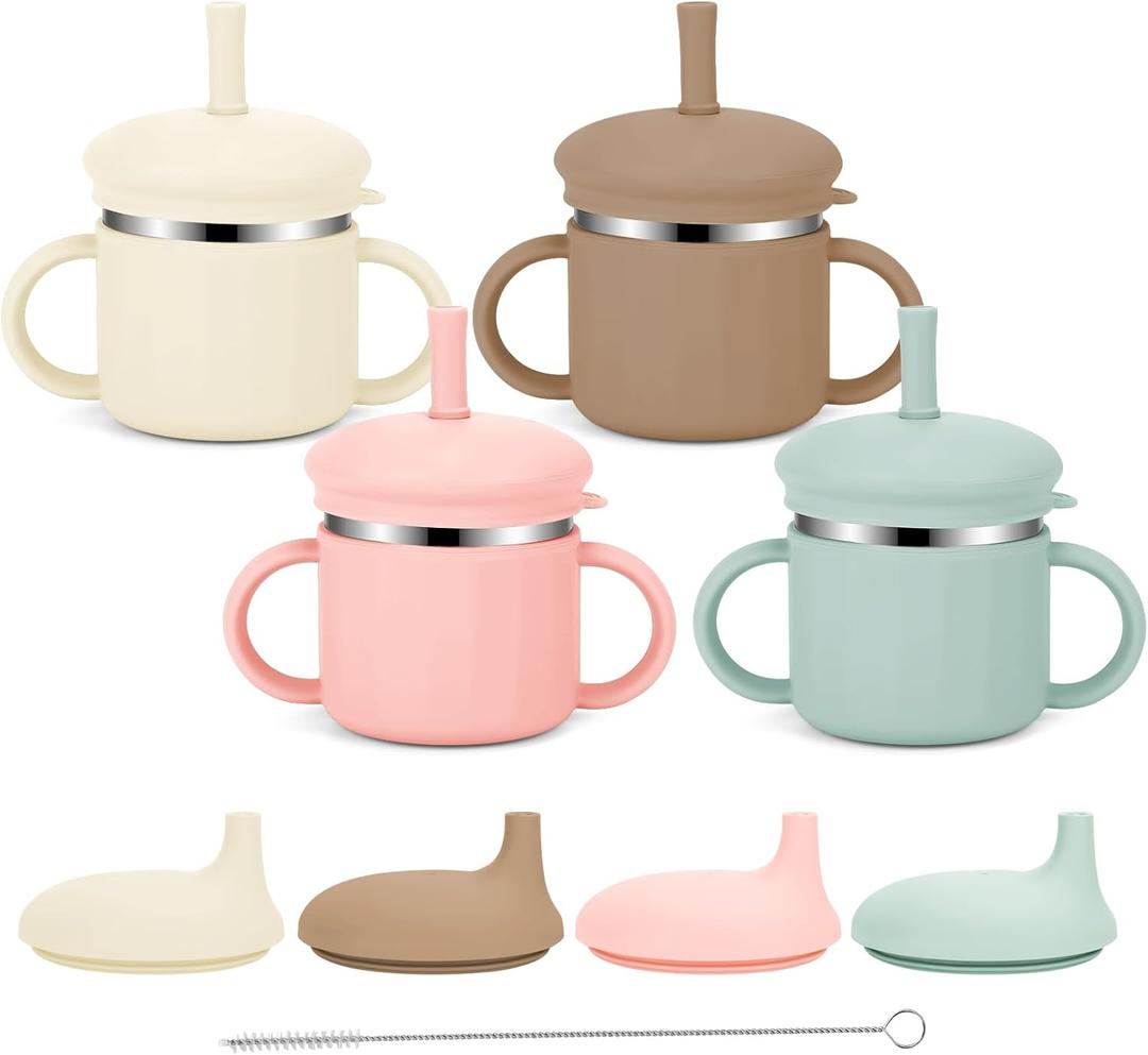Upgrade Stainless Steel Baby Sippy Cups, 7.4 Oz Spill Proof Toddler Straw Cups, 3 Stages Training Cup for Toddlers 1-3 Year, Kid Cups with Silicone Shell and Straws, 4 Colors (Pink+Green+Beige+Brown)