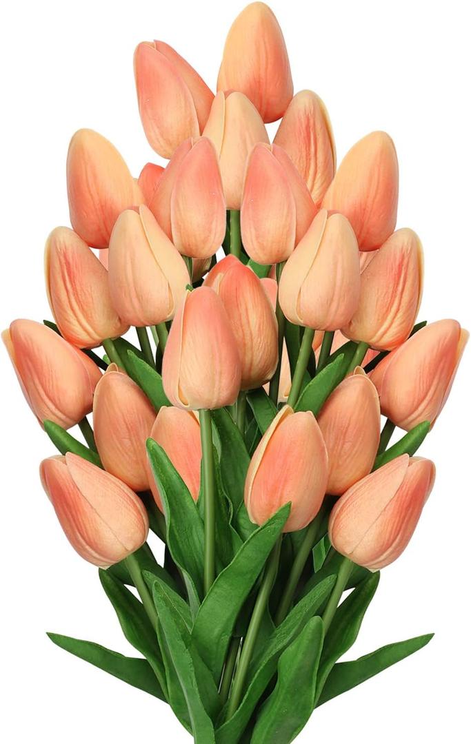 10 Pcs Peach Tulips Artificial Flowers Real Touch Fake Tulips Fake Flowers for Mother's Day 13.5" Faux Tulips Faux Flowers Bulk Artificial Tulips Flowers for Vase Centerpieces Home Wedding Bouquet