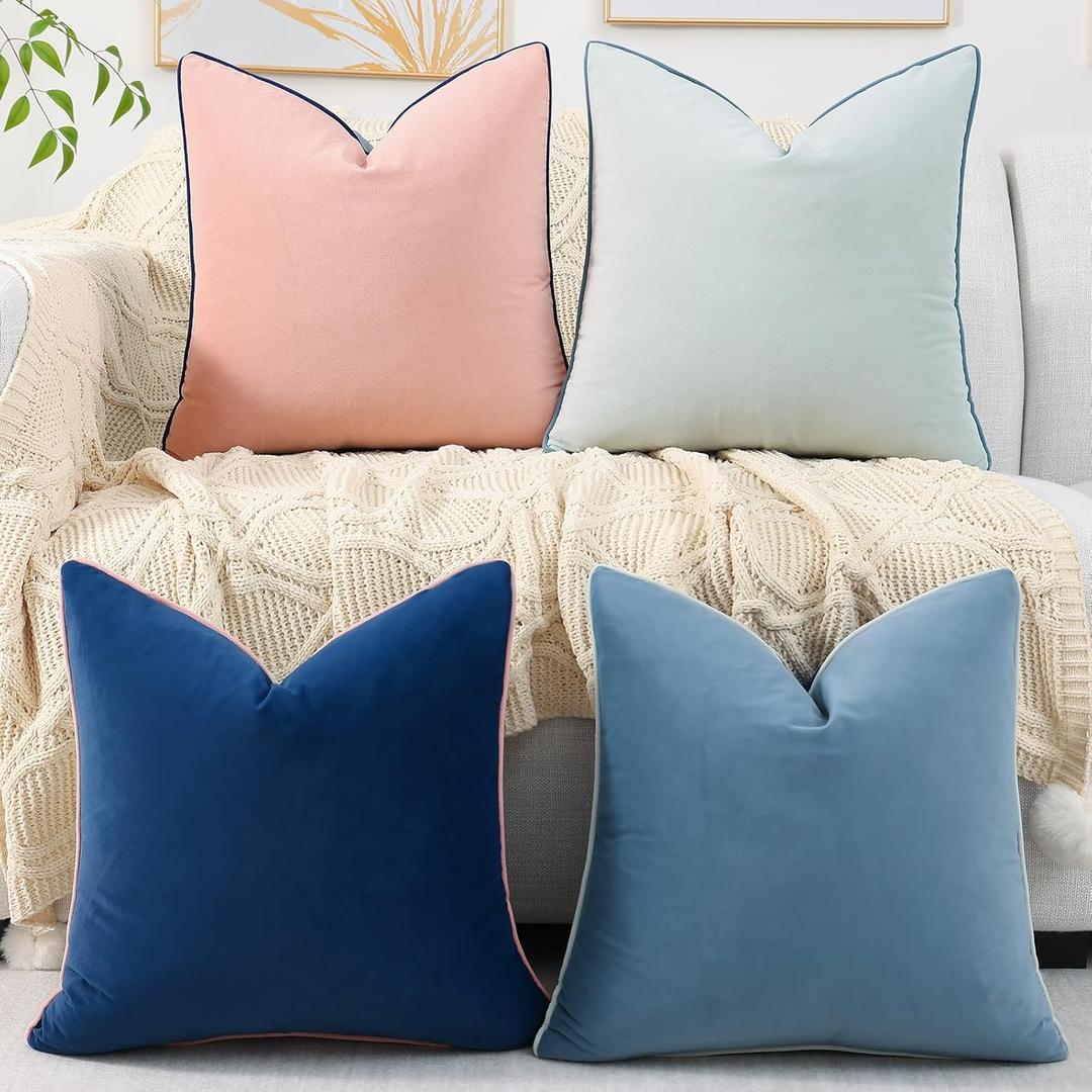 Mecatny Soft Velvet Throw Pillow Covers 18x18 inch Set of 4, Colorful Decorative Pillow Covers with 4-Color Mix and Match for Bedroom Living Room, Blue & Pink
