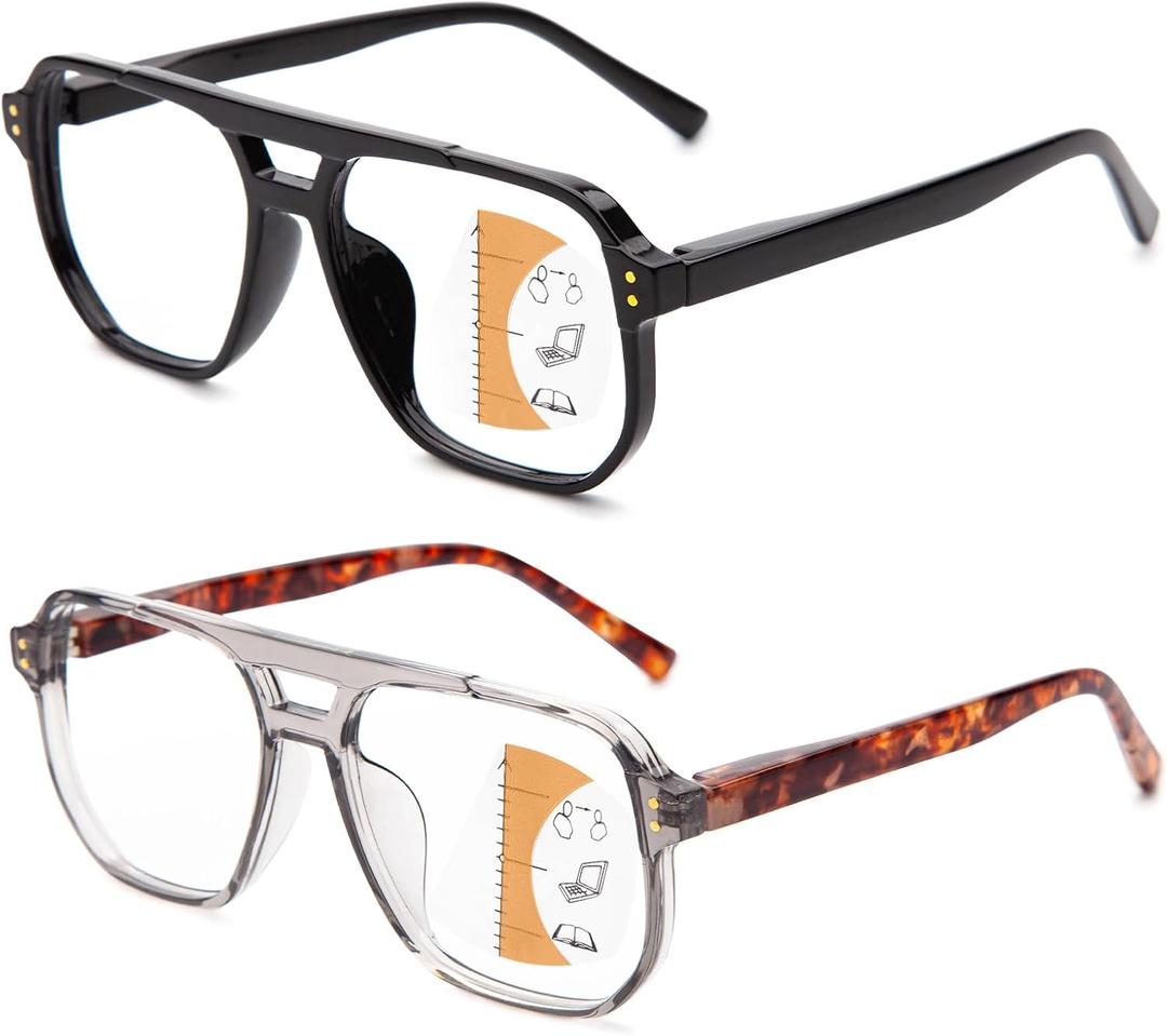 JO Progressive Multifocus Reading Glasses Men Women - No Line Progressive Reader Half-Rim for Mid-Near, 2Pcs