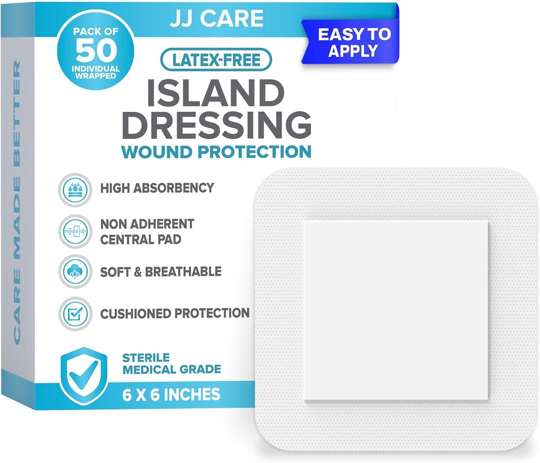 JJ CARE Adhesive Island Dressing [Pack of 50], 6x6 Sterile Bordered Gauze, Breathable Island Wound Dressing, Individually Wrapped Adhesive Gauze Bandages with Non-Stick Central Pad