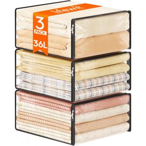 Lifewit 36L Clear Sheet Storage Bags with Zipper 3 Pack, Plastic Sweater Storage Bins for Clothing, Vinyl Foldable Clothes Containers Organizers for Closet, Blankets, Bedding 17.7 x 15.7 x 7.9 Inch